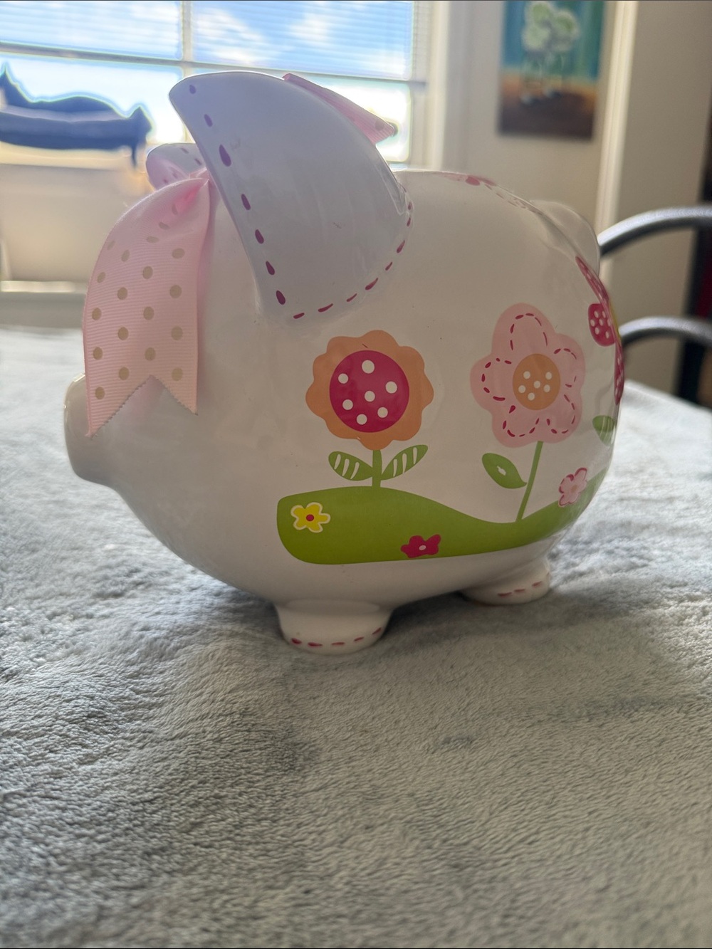 White Ceramic Flower Piggy Bank with Pink Bow